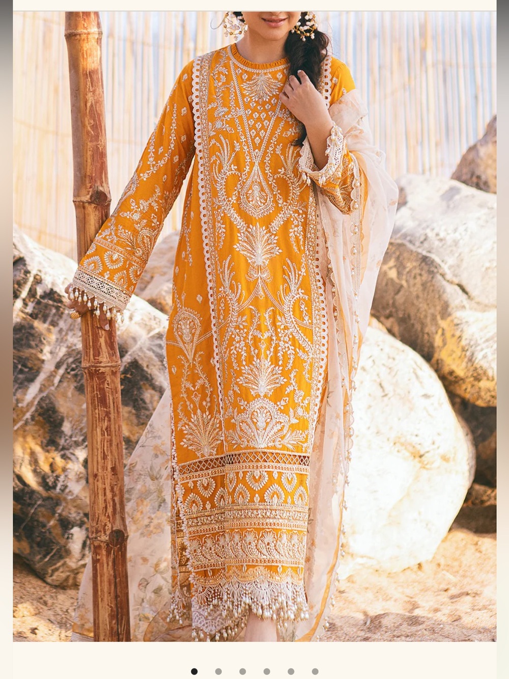Embroidered Mustard Yellow Lawn Dress with Ivory Lace
